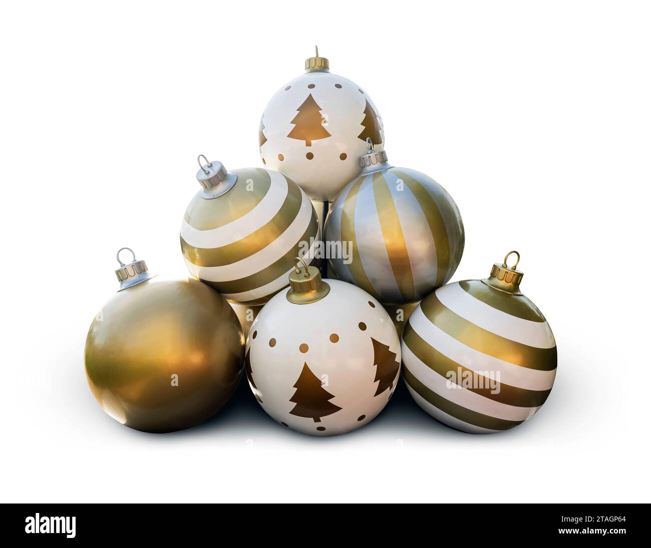 Christmas ball golden isolated on white background side view. a pyramid of many golden Christmas balls Stock Photo