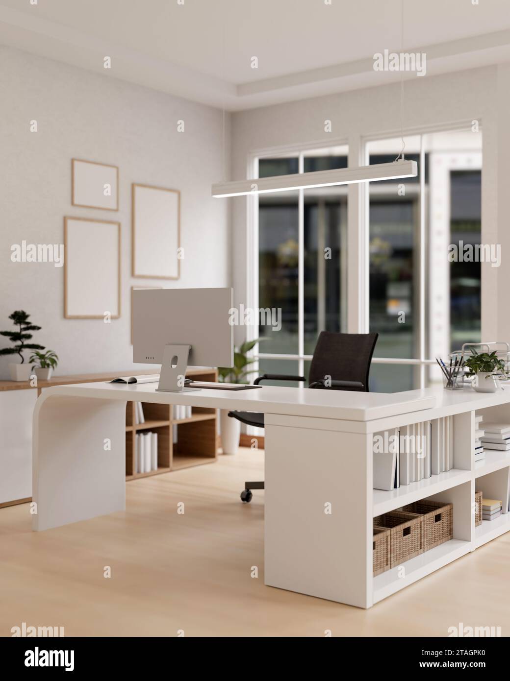Interior design of a modern white private office room workspace with a ...