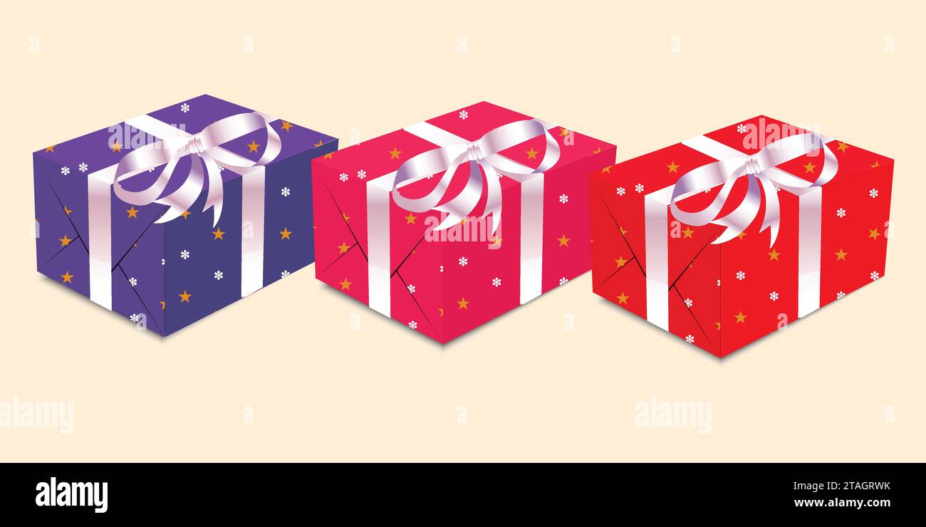A collection of blue, pink, or red gift-wrapped Christmas, birthday, or Valentine's Day presents with white ribbon bows creative design idea. Stock Vector