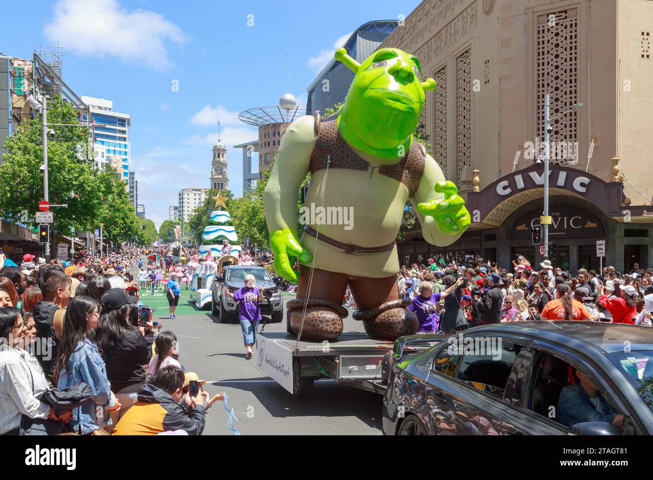 A Shrek balloon at the Farmers Christmas Parade in Queen Street, Auckland, New Zealand Stock Photo