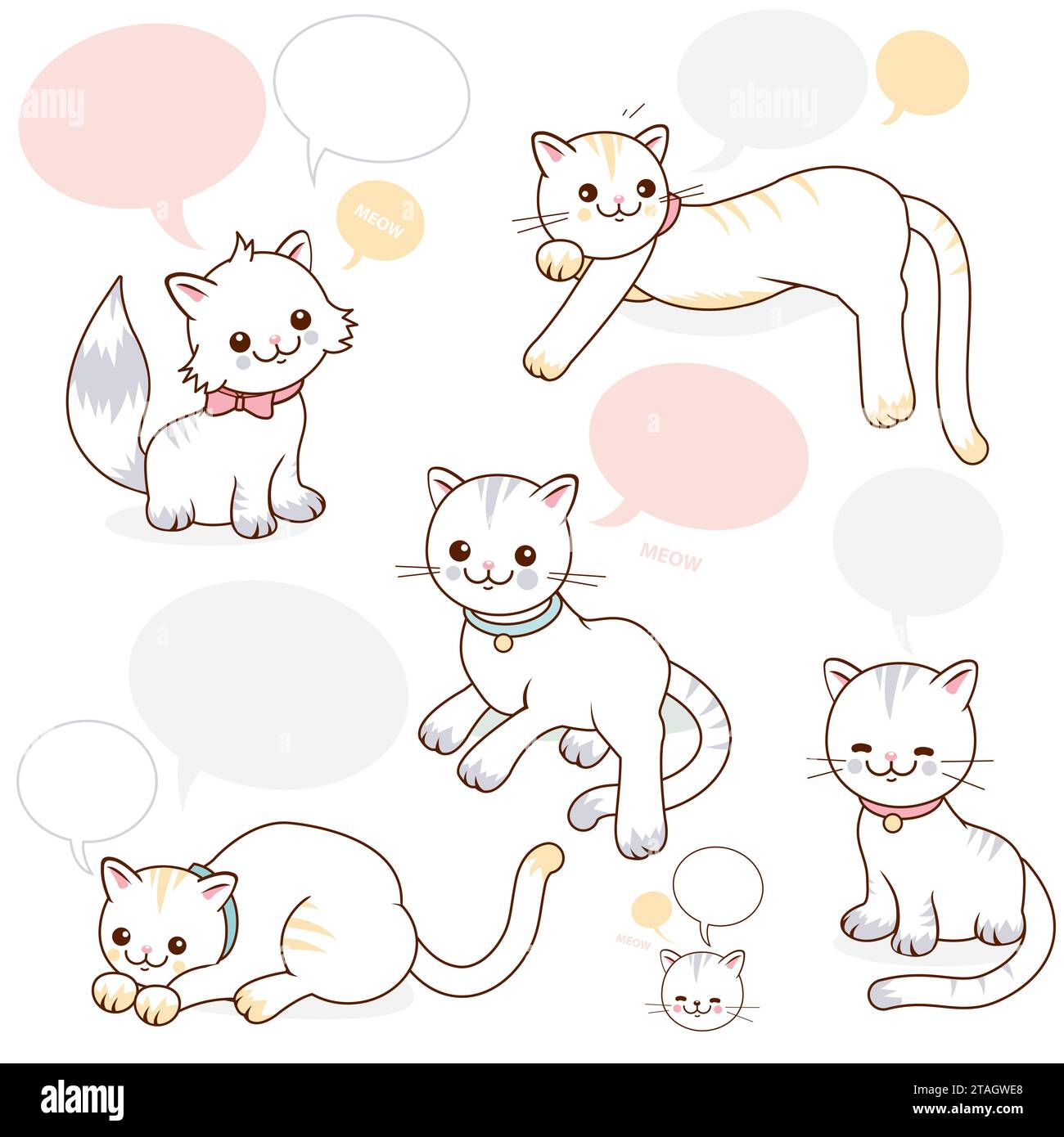 Cartoon cats with speech bubbles. Cute kittens talking or meowing. Blank speech balloons to add text. Stock Photo