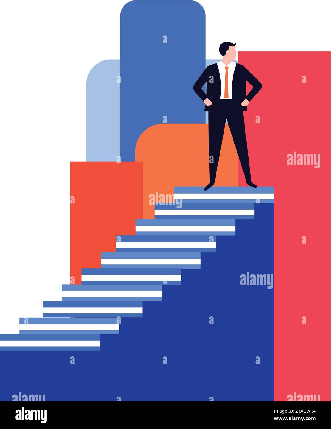 Hand Drawn Businessman walking up stairs in success concept in flat ...