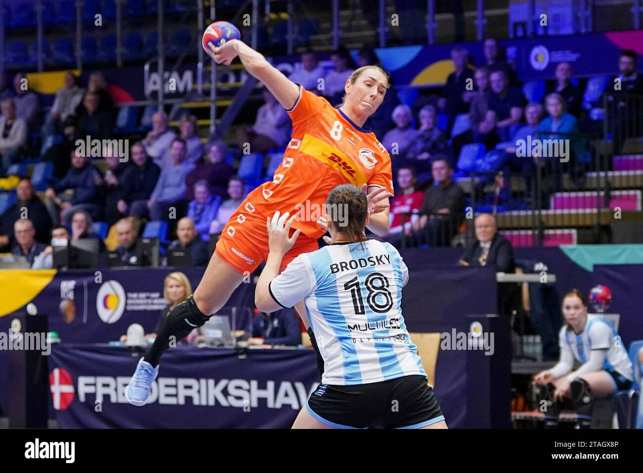 Lois Abbingh of The Netherlands, Valentina Brodsky of Argentina during the Preliminary Round Group H match between Netherlands and Argentina on November 30, 2023 in Fredrikshavn, Denmark Stock Photo