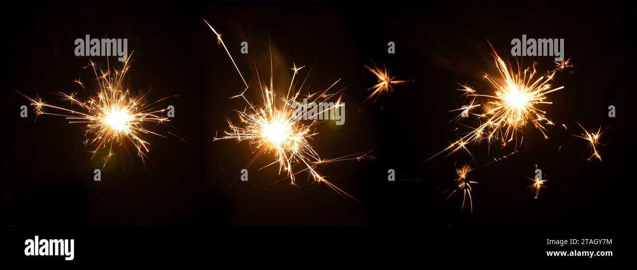 Various forms of sparks from fireworks, decorative lights, decoration materials for celebrations, festivals. Stock Photo
