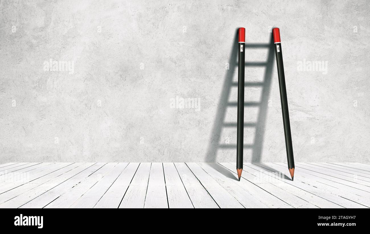 Success creative concept, pencil Ladder. Pencils stand near a concrete