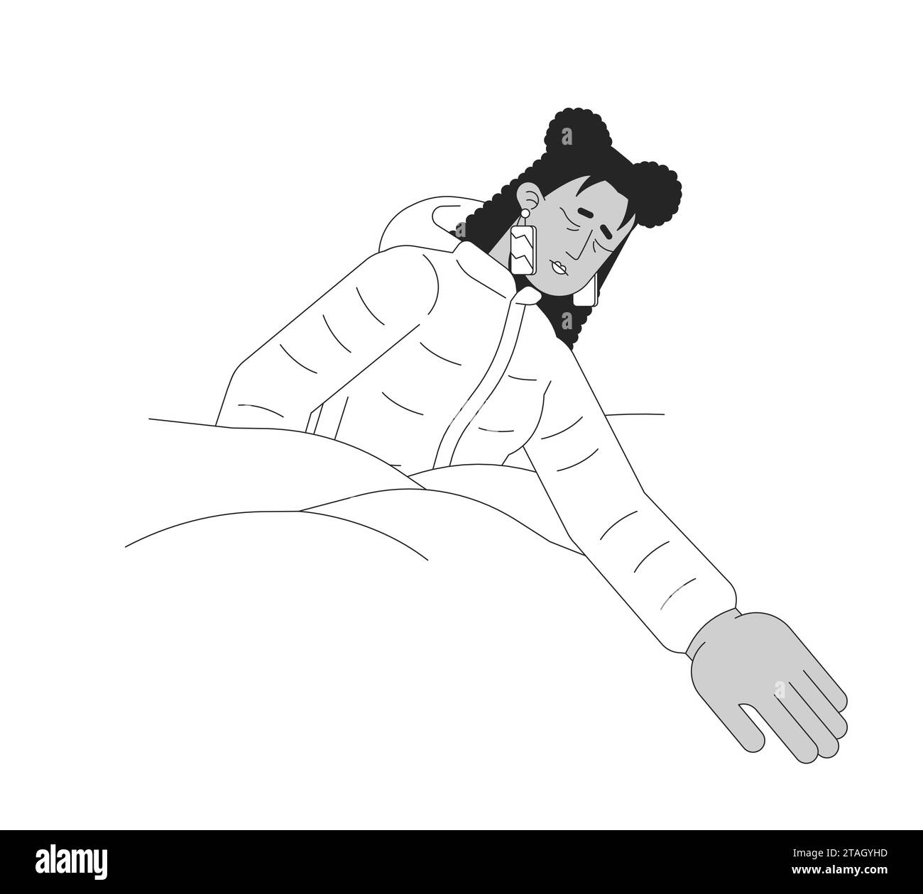 Frozen woman buried in snow black and white 2D line cartoon character