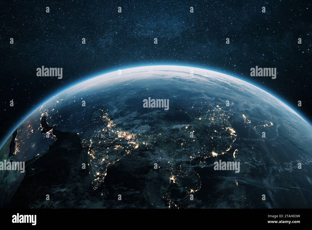 Beautiful planet Earth with night lights of Asian cities views from space. Amazing night planet Earth in view of India, China, Korea and Japan. Develo Stock Photo