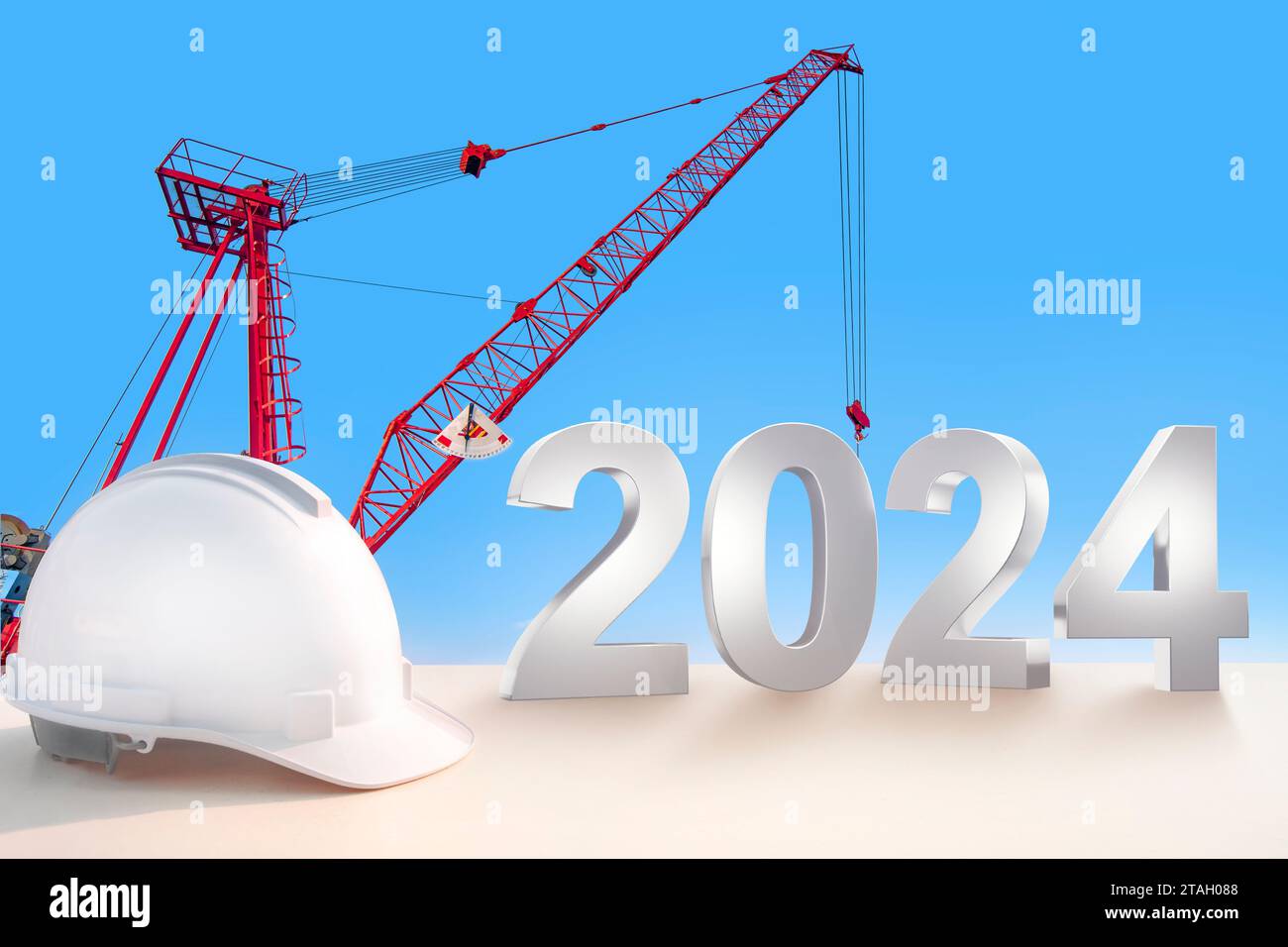 engineer working table and silhouette of construction-crane and golden sky for preparation of welcome 2024 new year party and change new business. Stock Photo