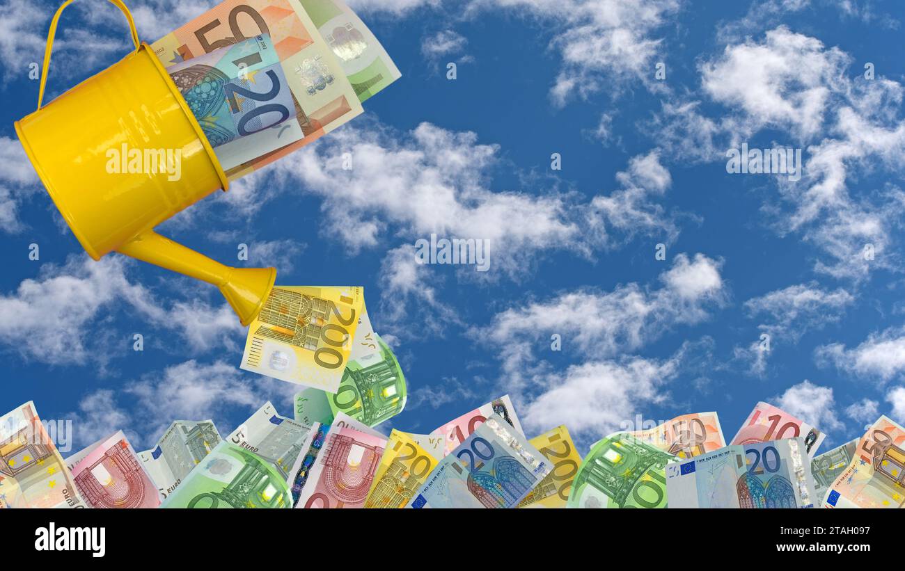 Watering can and banknotes in front of a cloudy sky Stock Photo