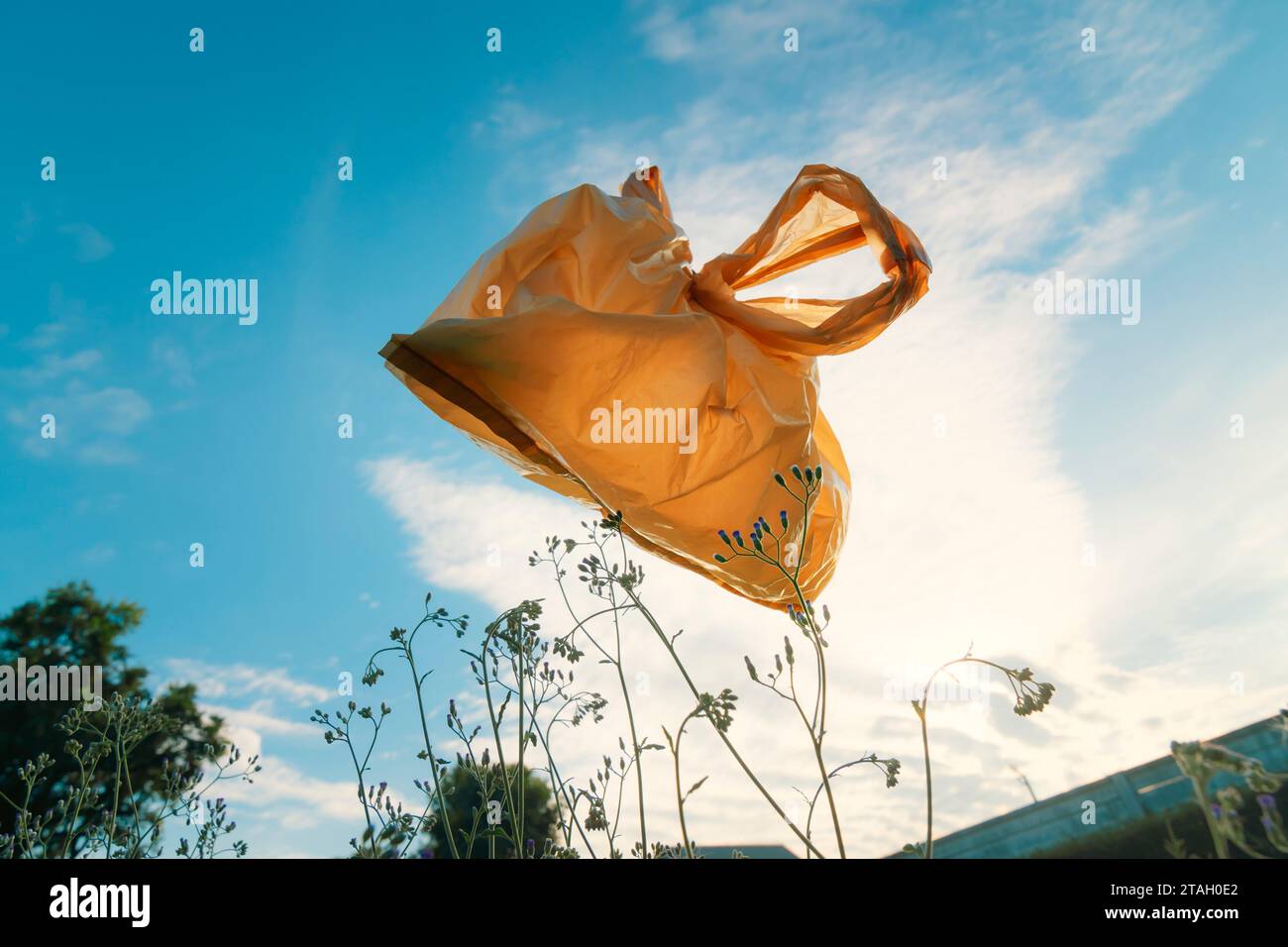 Used plastic bags floating in the air and sky, garbage and pollution, global warming and climate change. Stock Photo