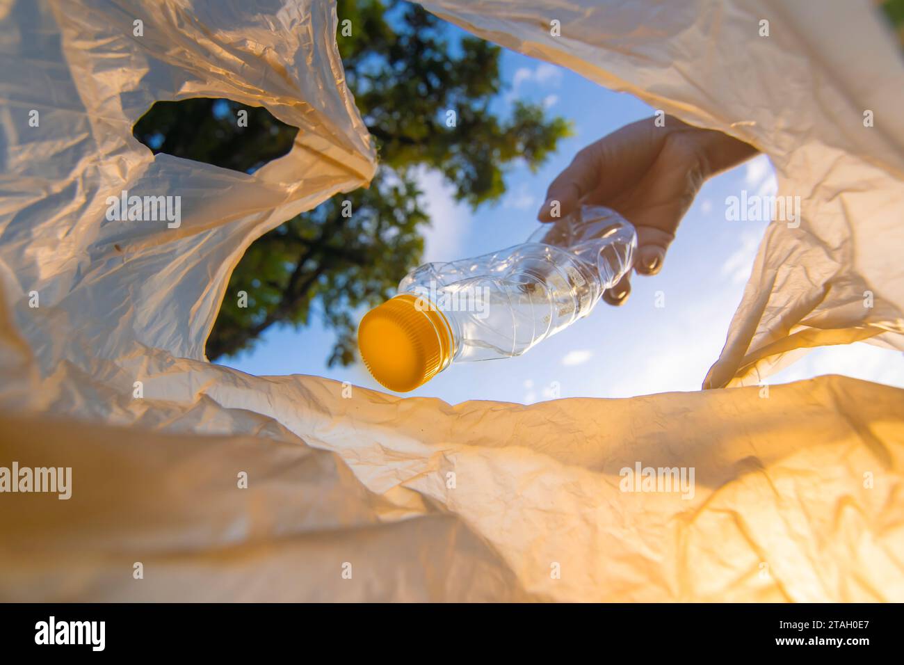 Volunteer Collecting plastic bottle waste at public parks for recycling, Reuse, and waste management concepts. Stock Photo