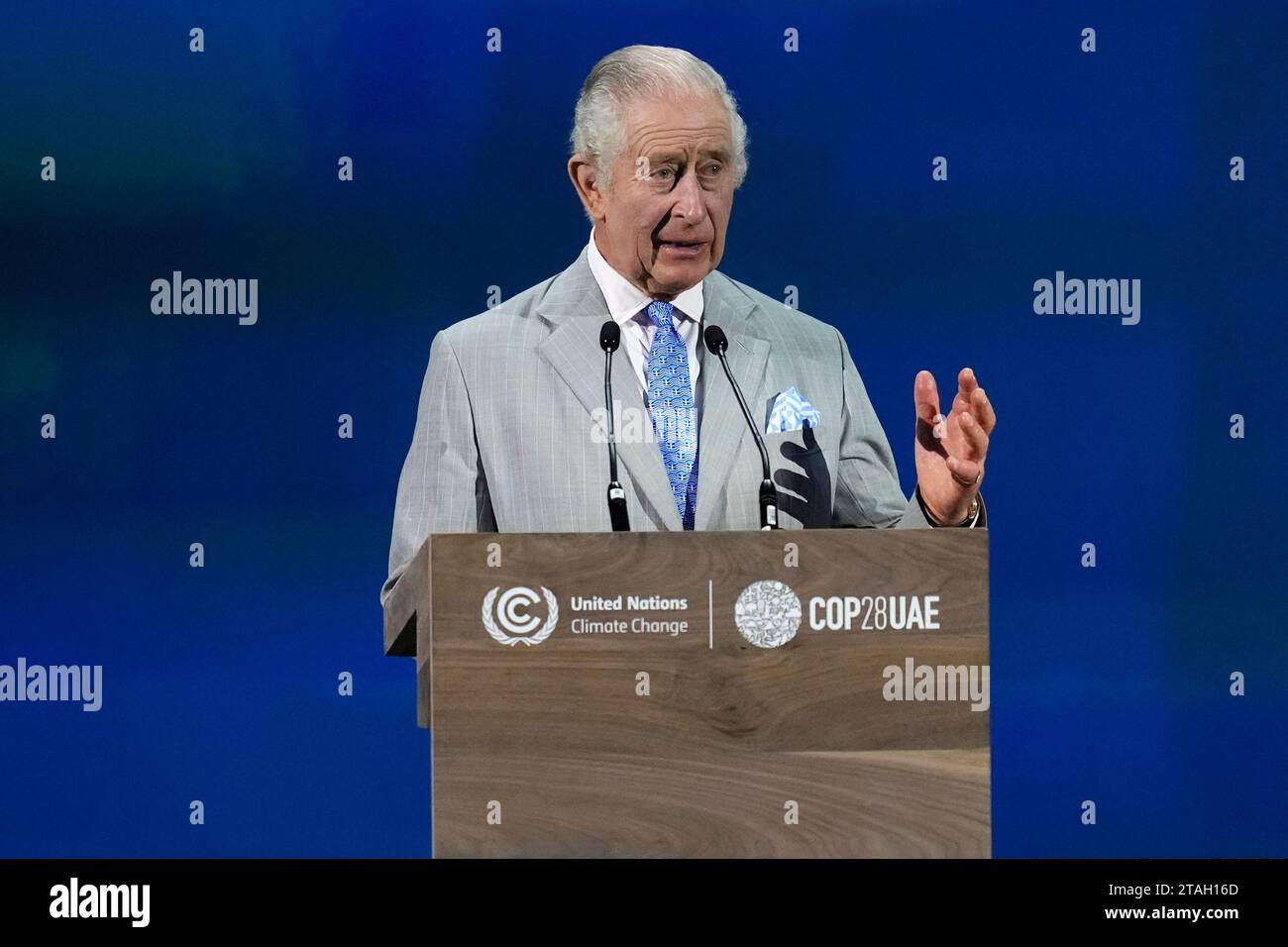 King Charles III speaks during an opening ceremony at the COP28 U.N. Climate Summit, Friday, Dec. 1, 2023, in Dubai, United Arab Emirates. (AP Photo/Rafiq Maqbool) Stock Photo