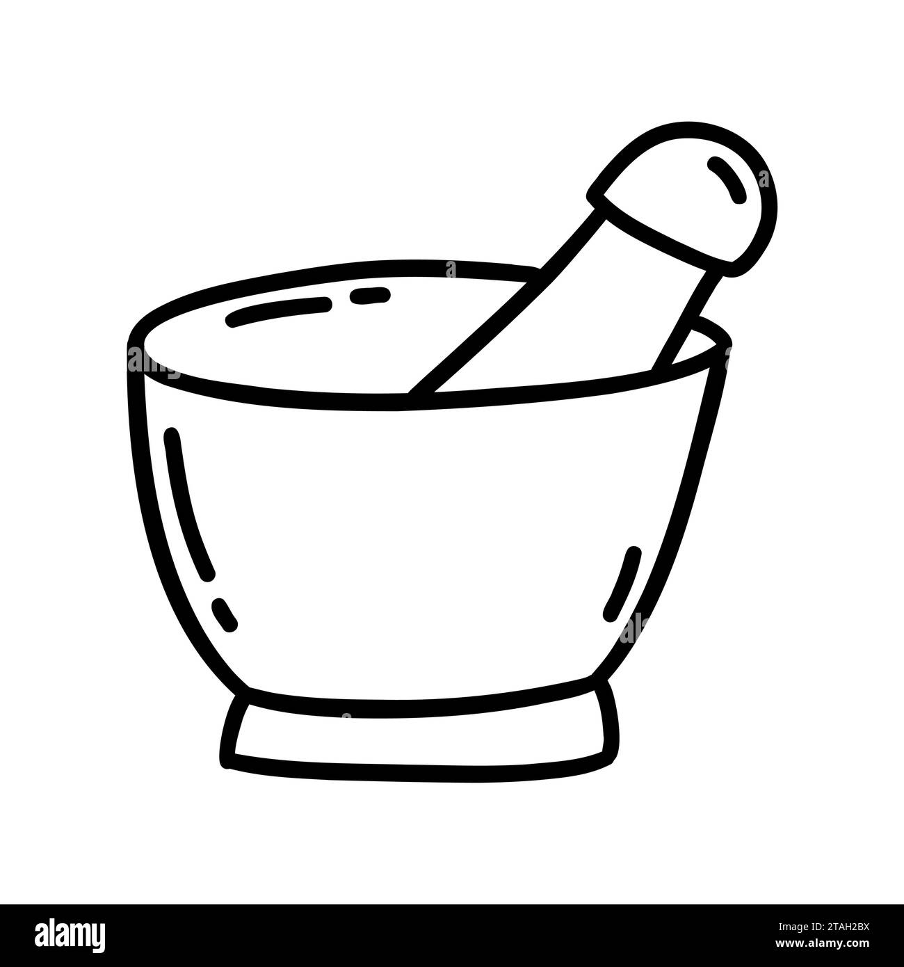 Mortar and pestle. Vintage bowl for chopping and kneading herbs and spices. Alternative medicine, herbalism, healing, magic. Black and white vector is Stock Vector