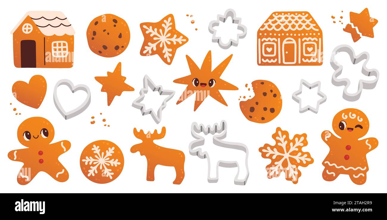 Cute cookies set. Gingerbread house, gingerbread cookies isolated on