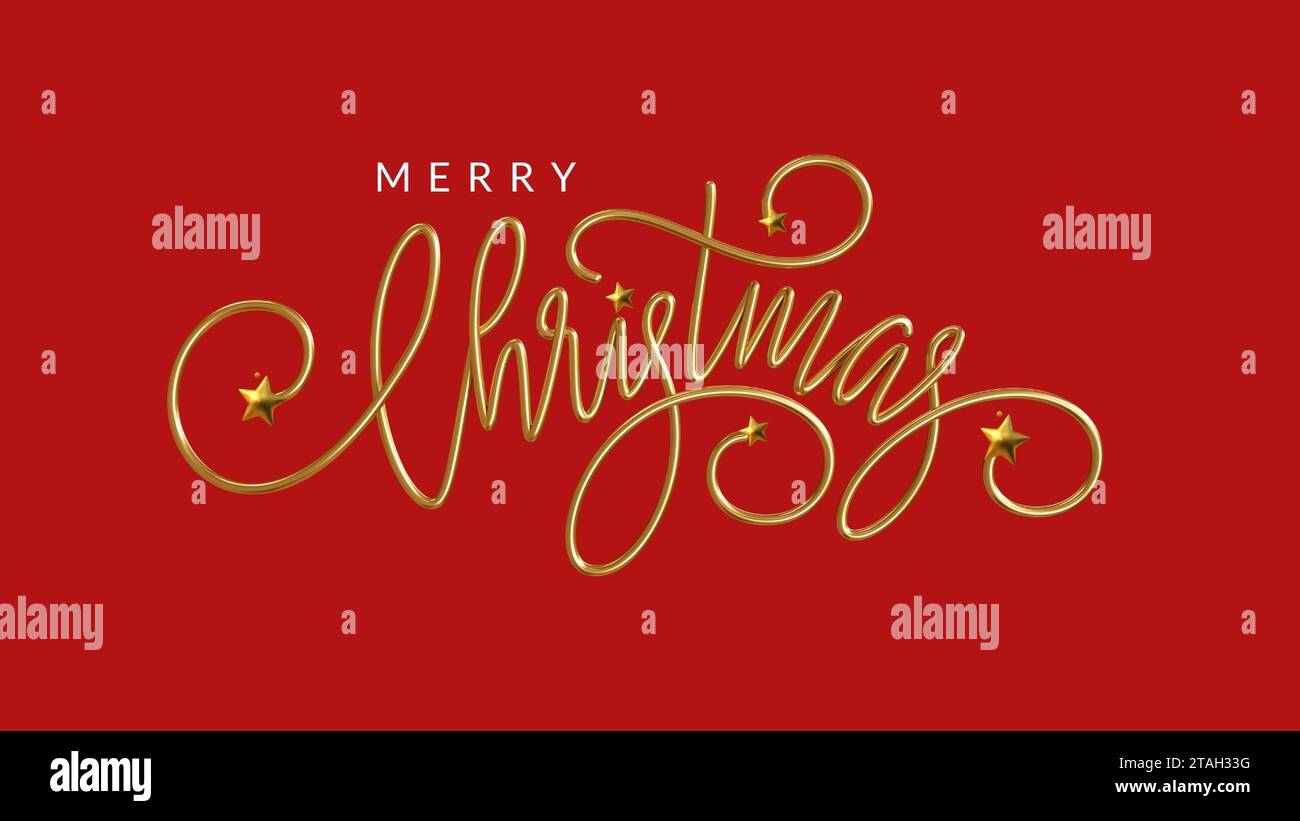 merry Christmas written in gold foil with gold foil stars on red background . vector illustrator Stock Vector