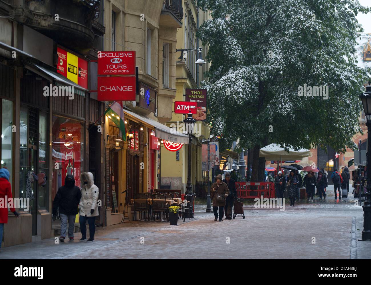 Budapest, Hungary - November 30, 2023: Vaci street of the old town of Pest in Budapest, on a snowy day. Stock Photo