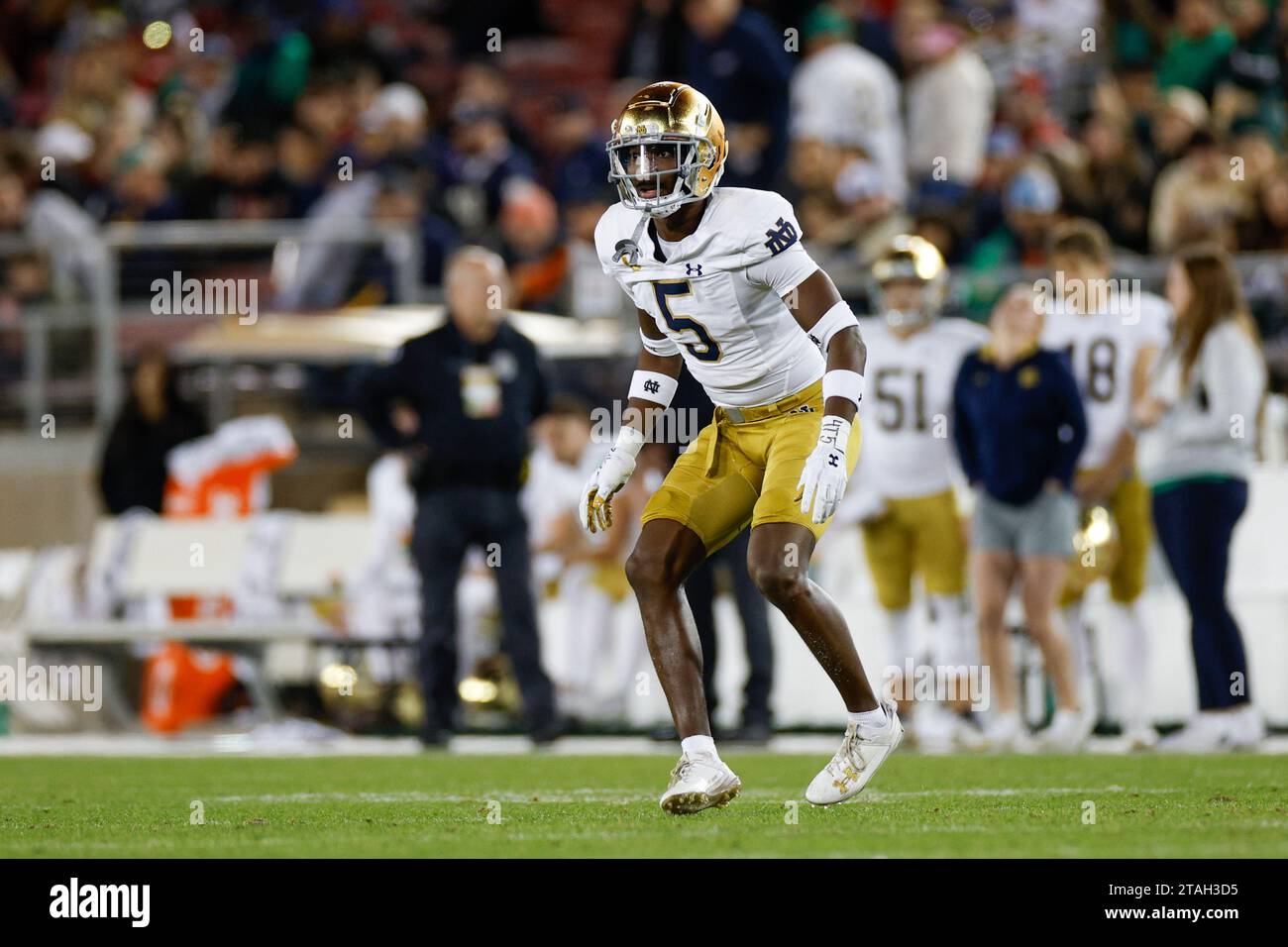 Notre Dame Fighting Irish cornerback Cam Hart (5) defends in coverage during a college football regular season game against the Stanford Cardinal, Sat Stock Photo