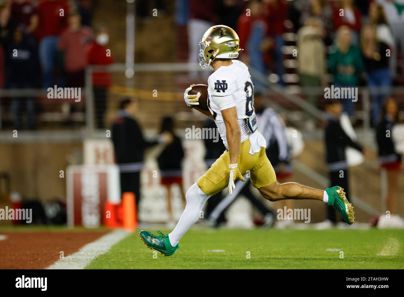 Notre Dame Fighting Irish wide receiver Jordan Faison (80) scores a touchdown in the second half during a college football regular season game against Stock Photo