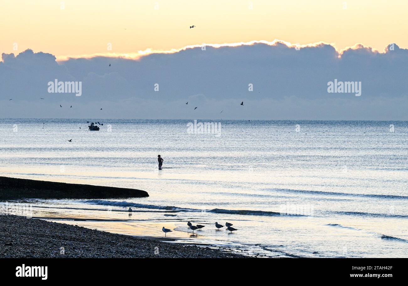 Brighton UK 1st December 2023 - A sea swimmer braves the freezing conditions in Brighton at sunrise this morning after the coldest night of the season so far throughout Britain : Credit Simon Dack / Alamy Live News Stock Photo