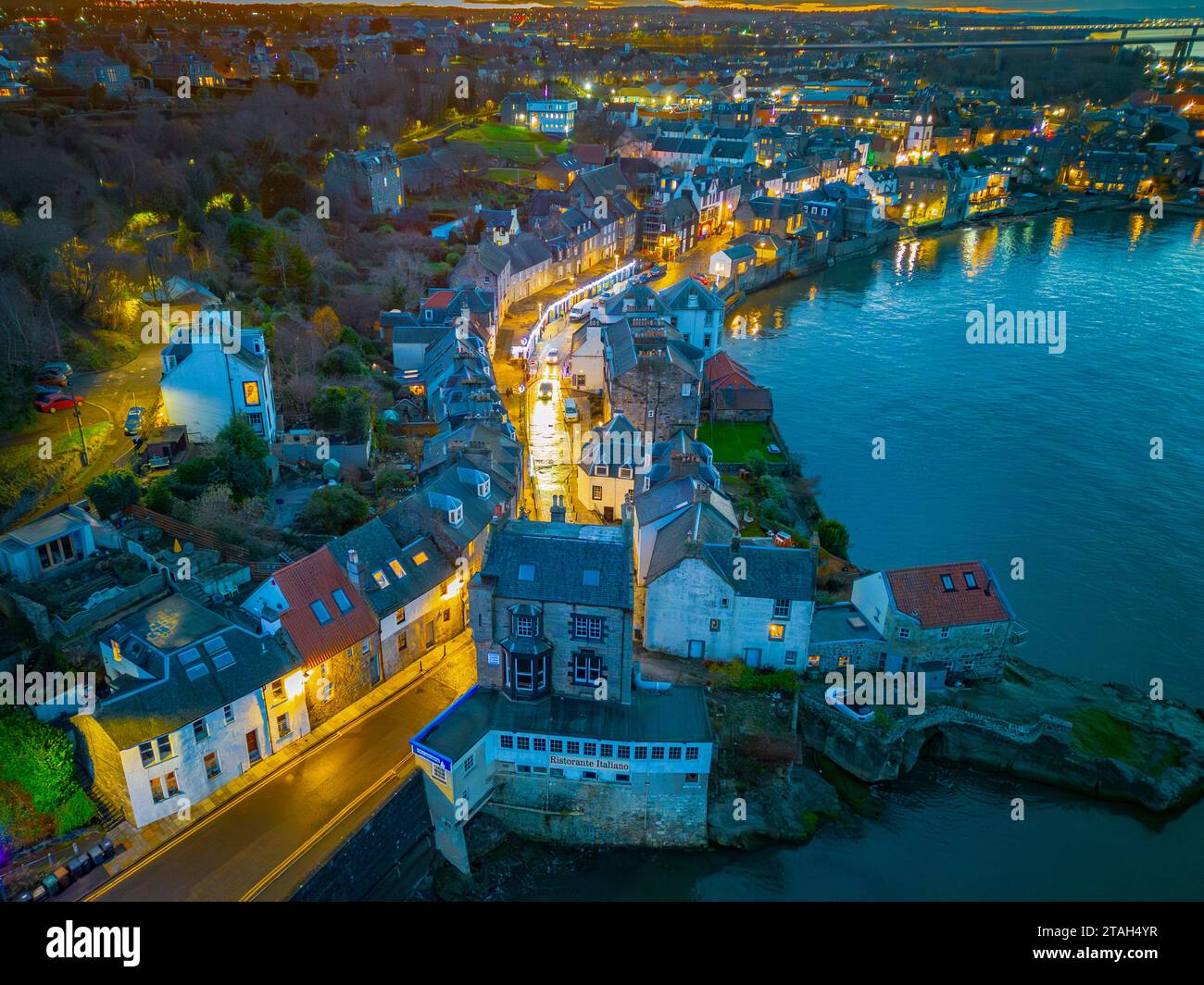 Aerial. View from drone at night along the High Street in South