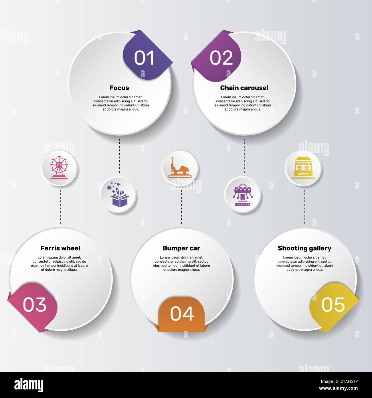 Infographics with Amusment Park theme icons, 10 steps. Such as focus ...