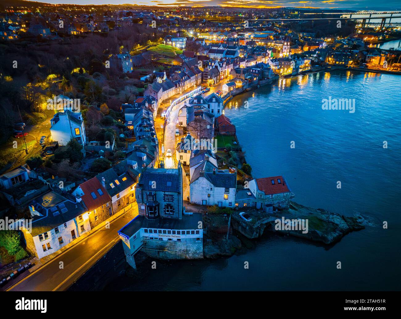 Aerial. View from drone at night of South Queensferry village in West