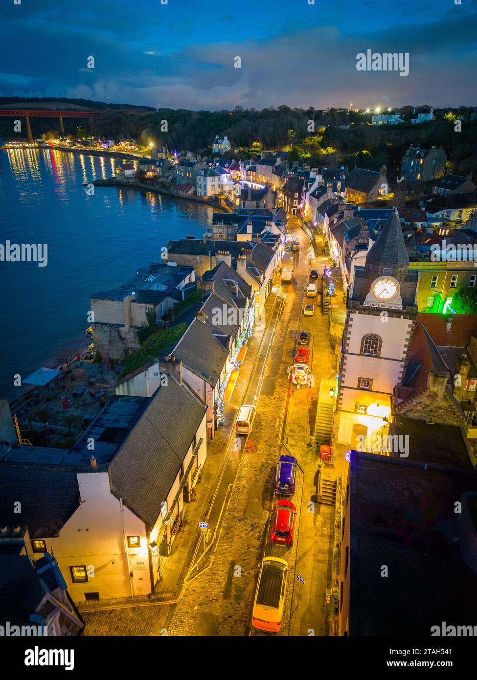 Aerial. View from drone at night along the High Street in South