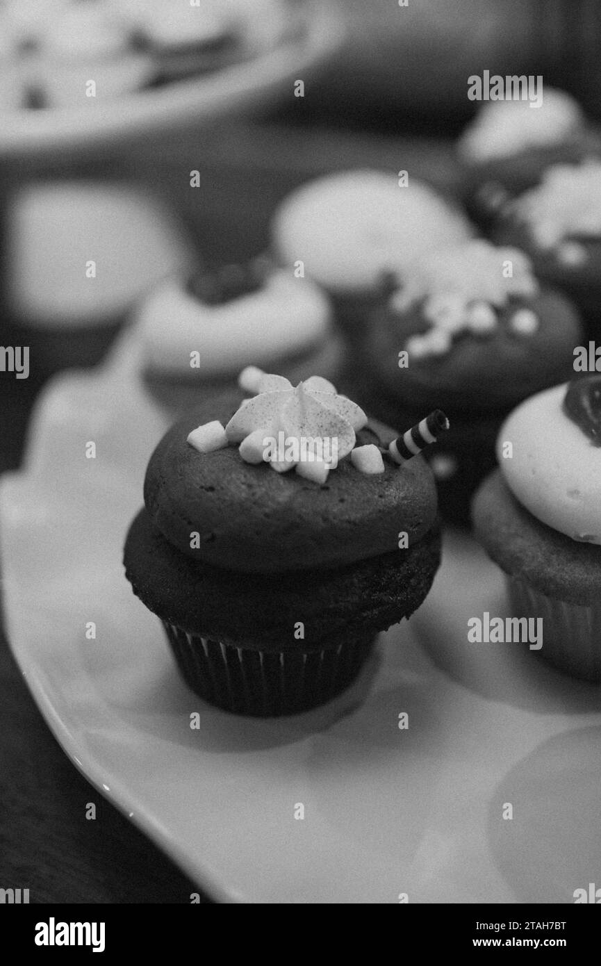 An array of cupcakes adorned with white frosting in grayscale Stock Photo