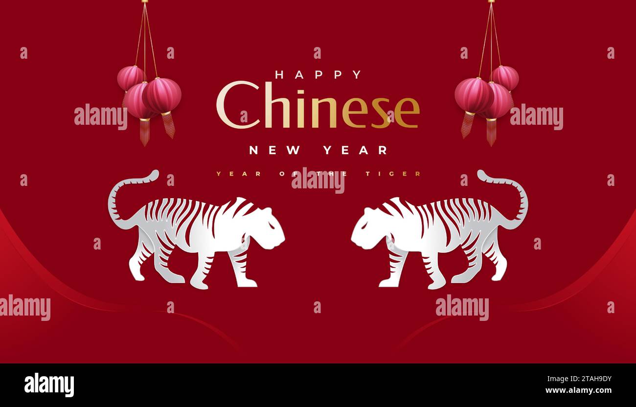 Chinese New Year 2022 Year of The Tiger. Chinese New Year Banner with White Tiger Illustration and Red Lanterns Isolated on Red Background Stock Vector