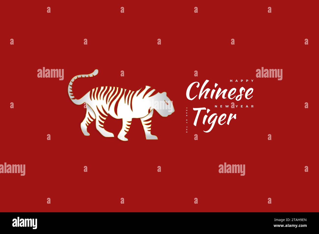 Chinese New Year 2022 Year of The Tiger. Chinese New Year Banner with White and Gold Tiger Illustration Isolated on Red Background Stock Vector