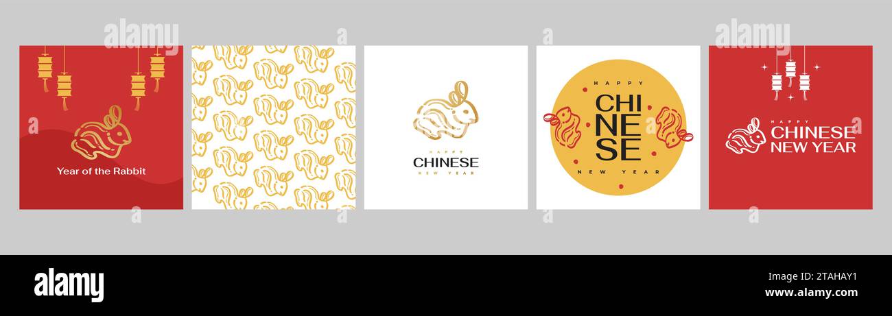 2023 Chinese New Year - year of the Rabbit poster set. Minimal and trendy poster template with cute rabbit illustration Stock Vector