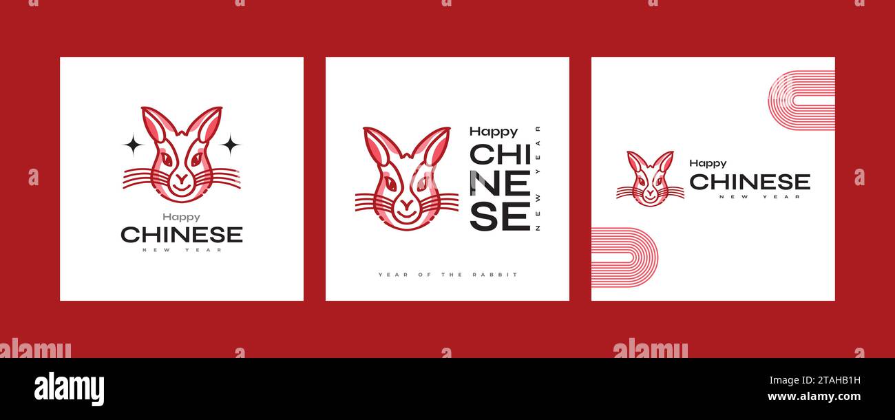 2023 Chinese New Year - year of the Rabbit poster set. Minimal and trendy poster template with cute rabbit illustration Stock Vector