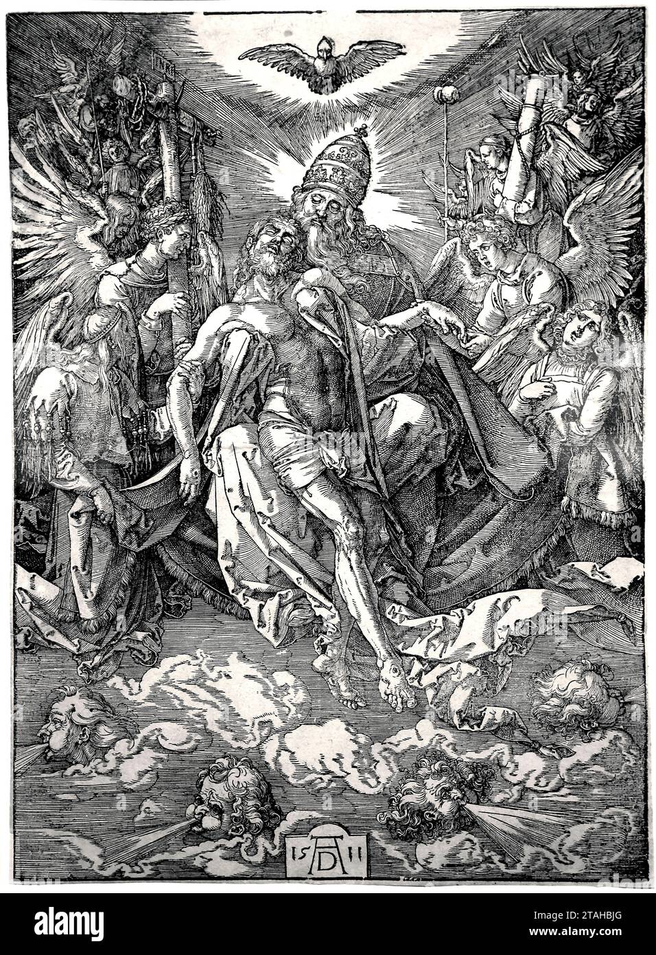 The Trinity (The throne of grace). Ca. 1511. Woodcut, engraving by Abrecht Durer in 1511. Nuremberg. Germany. Stock Photo