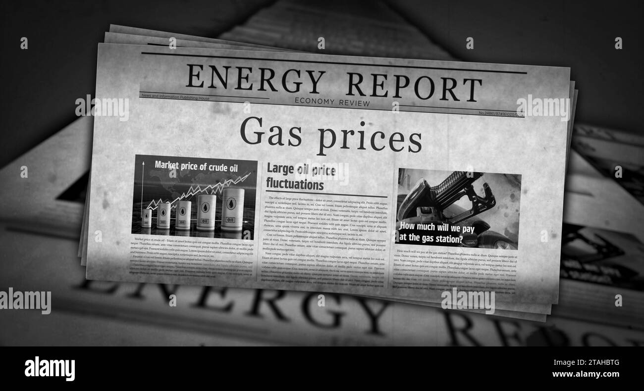 Gas prices energy market and fuel business vintage news and newspaper printing. Abstract concept retro headlines 3d illustration. Stock Photo