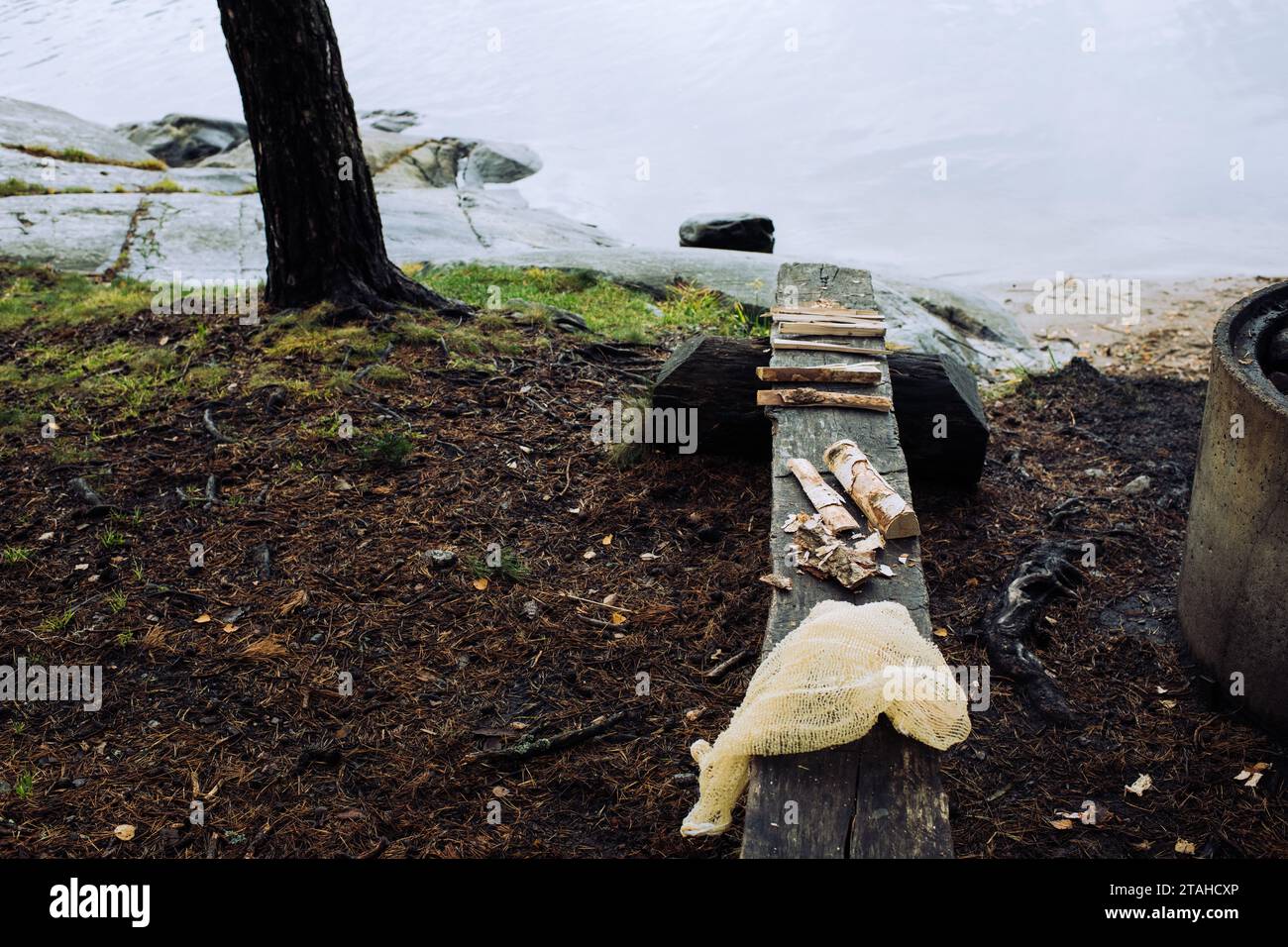 logs and bark ready to put on a fire pit for cooking in the forest Stock Photo