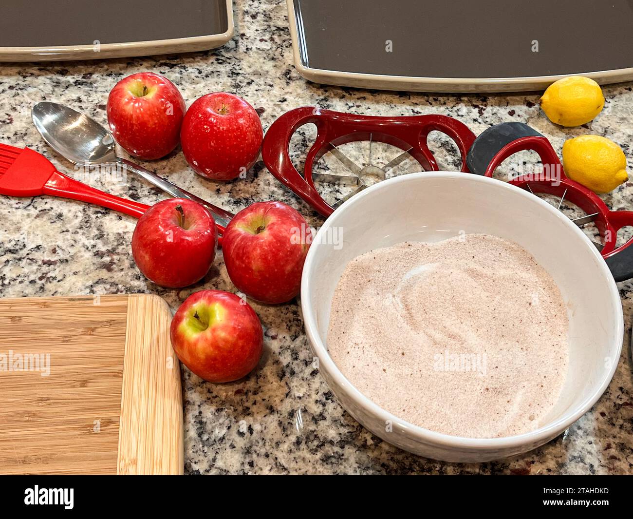 Kitchen counter while baking an apple dessert Stock Photo