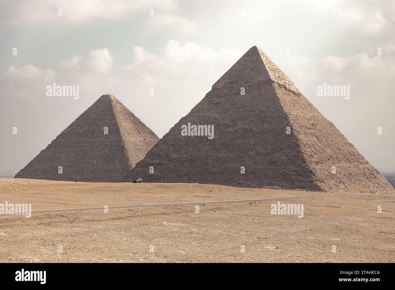 Two pyramids of Gyza during a sunny morning in Cairo. Stock Photo