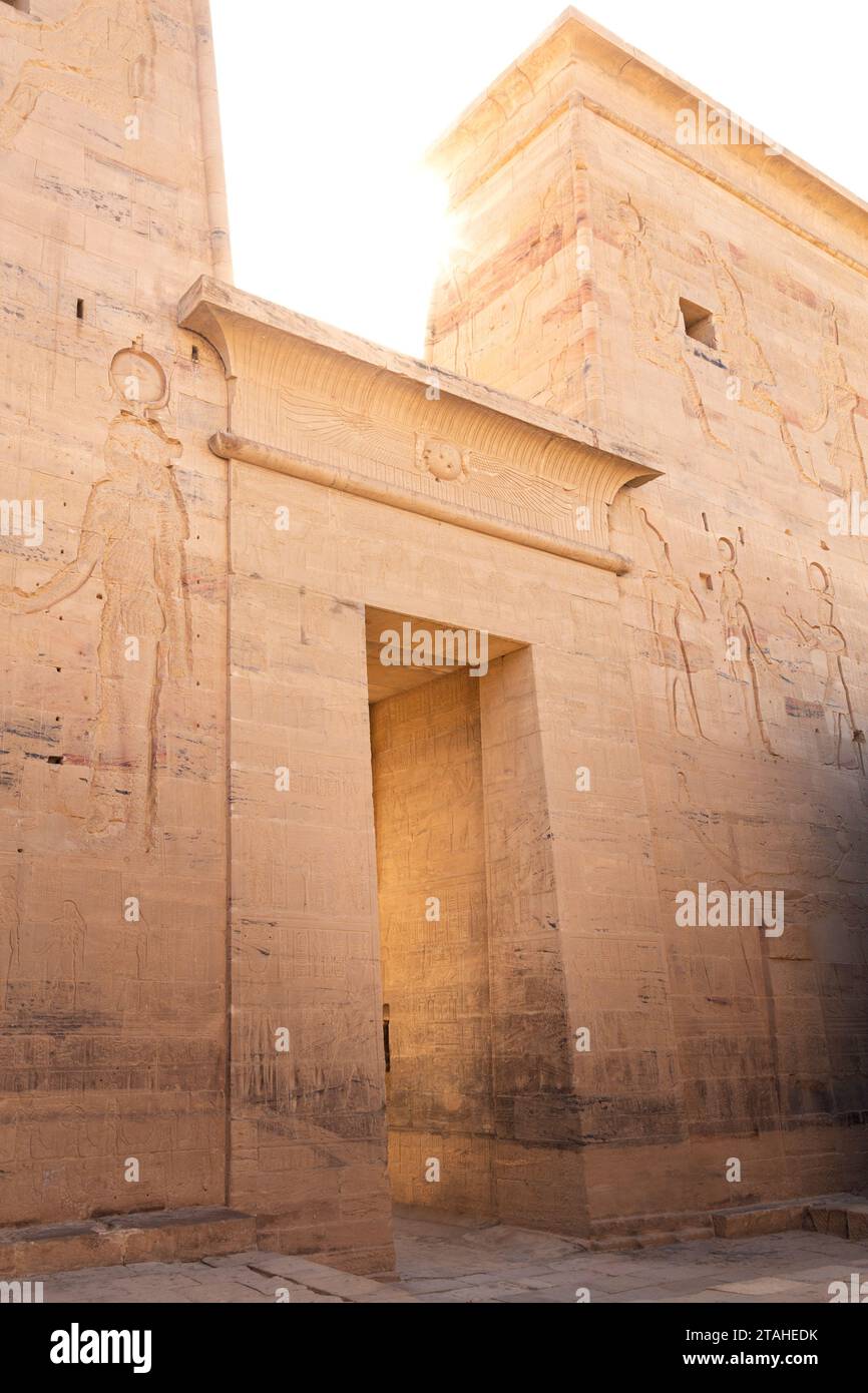 Façade of the main entrance of the Philae Temple in Aswan Stock Photo