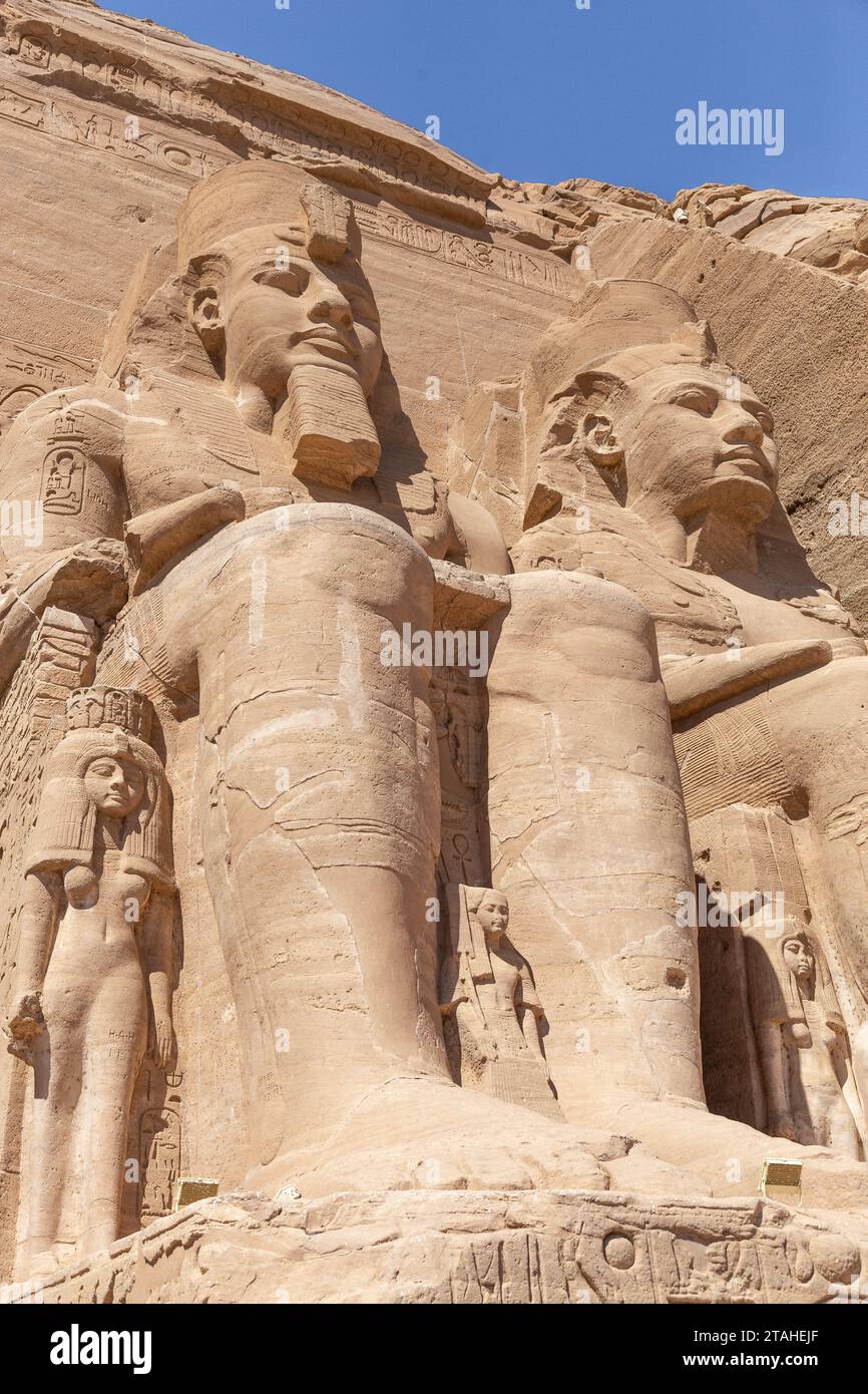 Pharaoh Ramses II colossal statues at Abu Simbel Temple Stock Photo