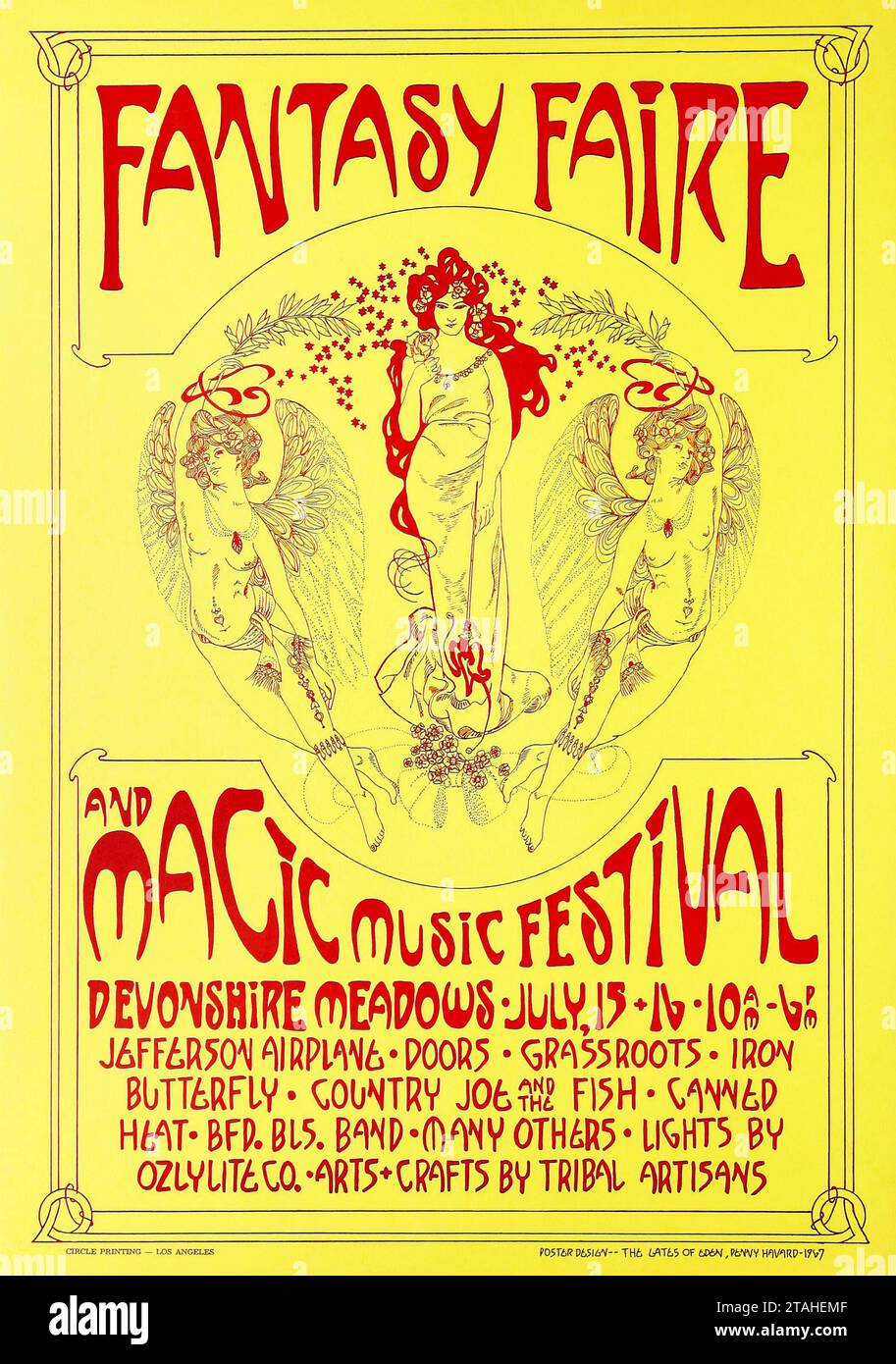 Fantasy Faire and Magic Music Festival Poster (1967). Devonshire Meadows in Northridge, California - Jefferson Airplane, Doors, Grassroots, Country Joe and The Fish, Canned Heat and many more. Stock Photo