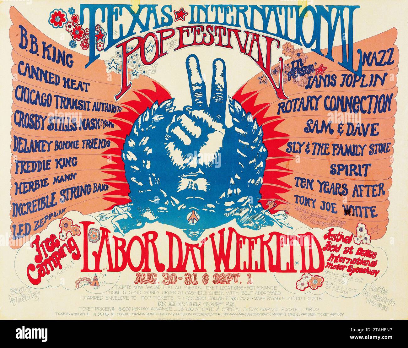 Texas International Pop Festival Concert Poster (1969) BB King, Canned Heat, Led Zeppelin, Janis Joplin, Ten Years After, Crosby Stills Nash - color corrected Stock Photo