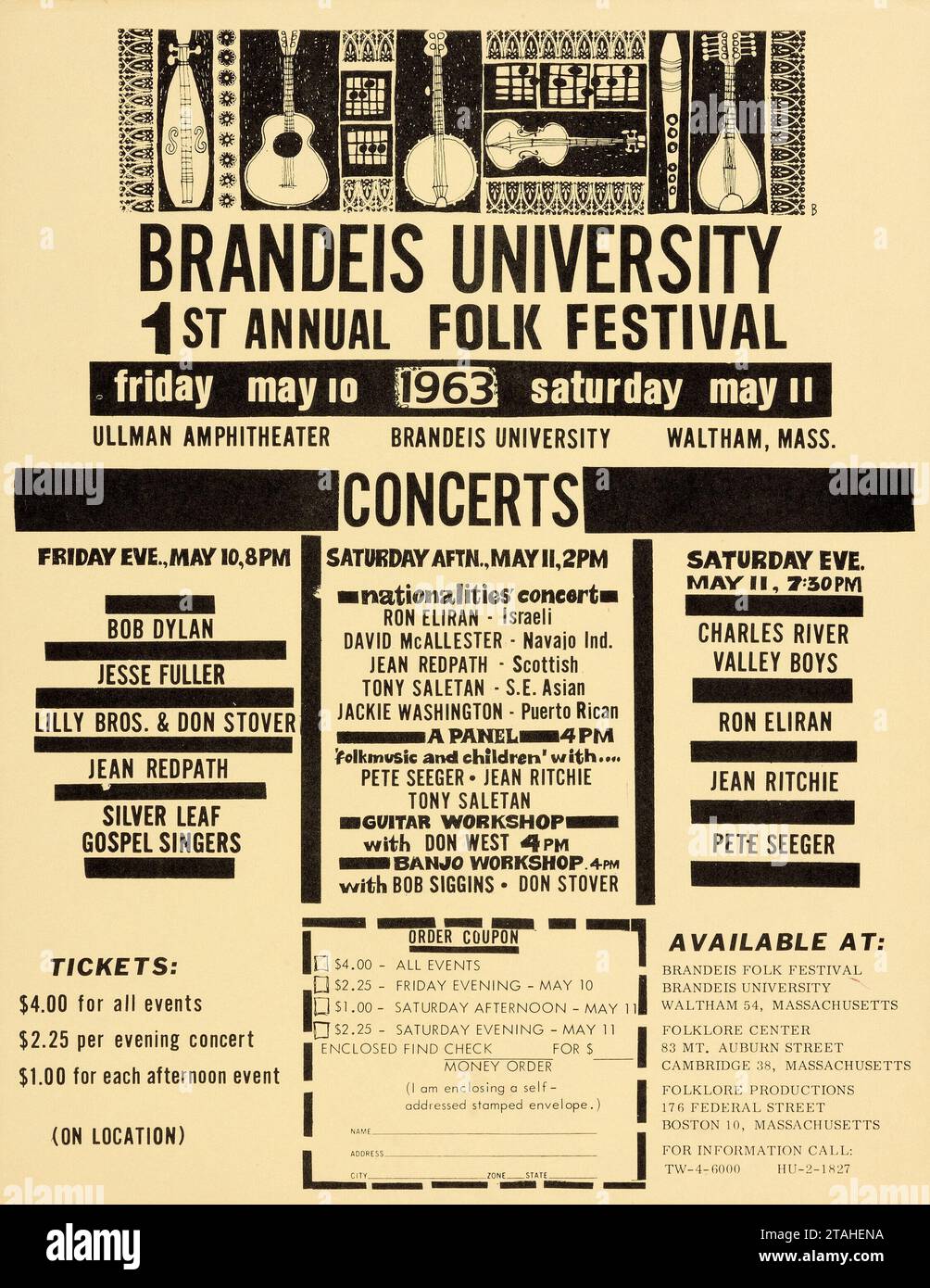 Vintage concert flyer Bob Dylan 1963 Brandeis University Concert