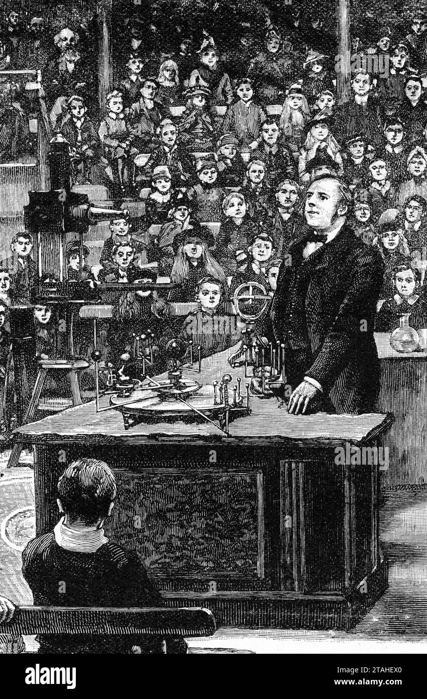 Sir Robert Stawell Ball giving a children's Christmas Lecture at the Royal Institution, 1887. Sir Robert Stawell Ball (1840-1913) was an Irish astronomer and was Royal Astronomer of Ireland at Dunsink Observatory. He gave five Christmas Lectures at the Royal Institution, London. Stock Photo