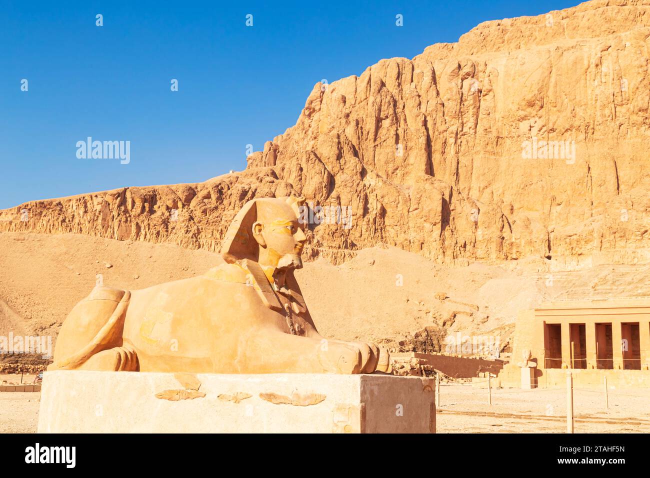 Sphinx guarding the Temple of Queen Hatshepsut. Luxor, Egypt – October 21, 2023 Stock Photo