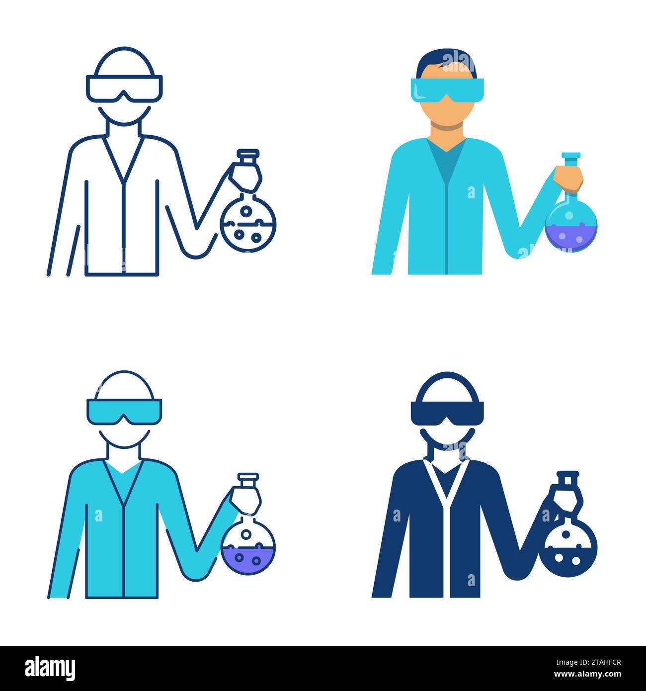 Scientist or lab assistant icon set in flat and line style. Chemist in