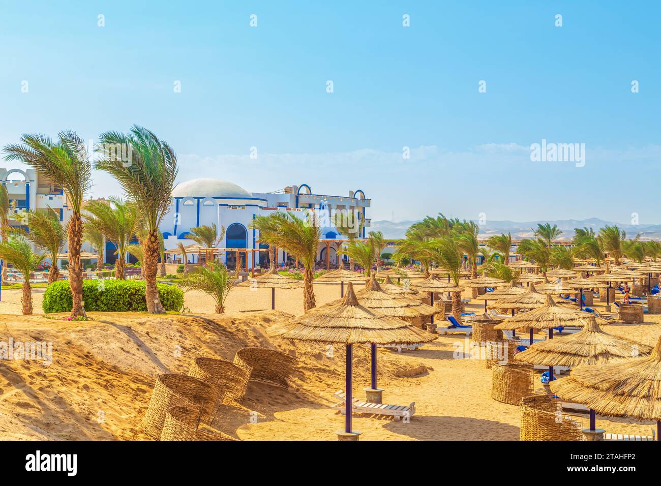 Beautiful hotel area on the Red Sea shore. Landscaping. Safaga, Egypt - October 24, 2023. Stock Photo
