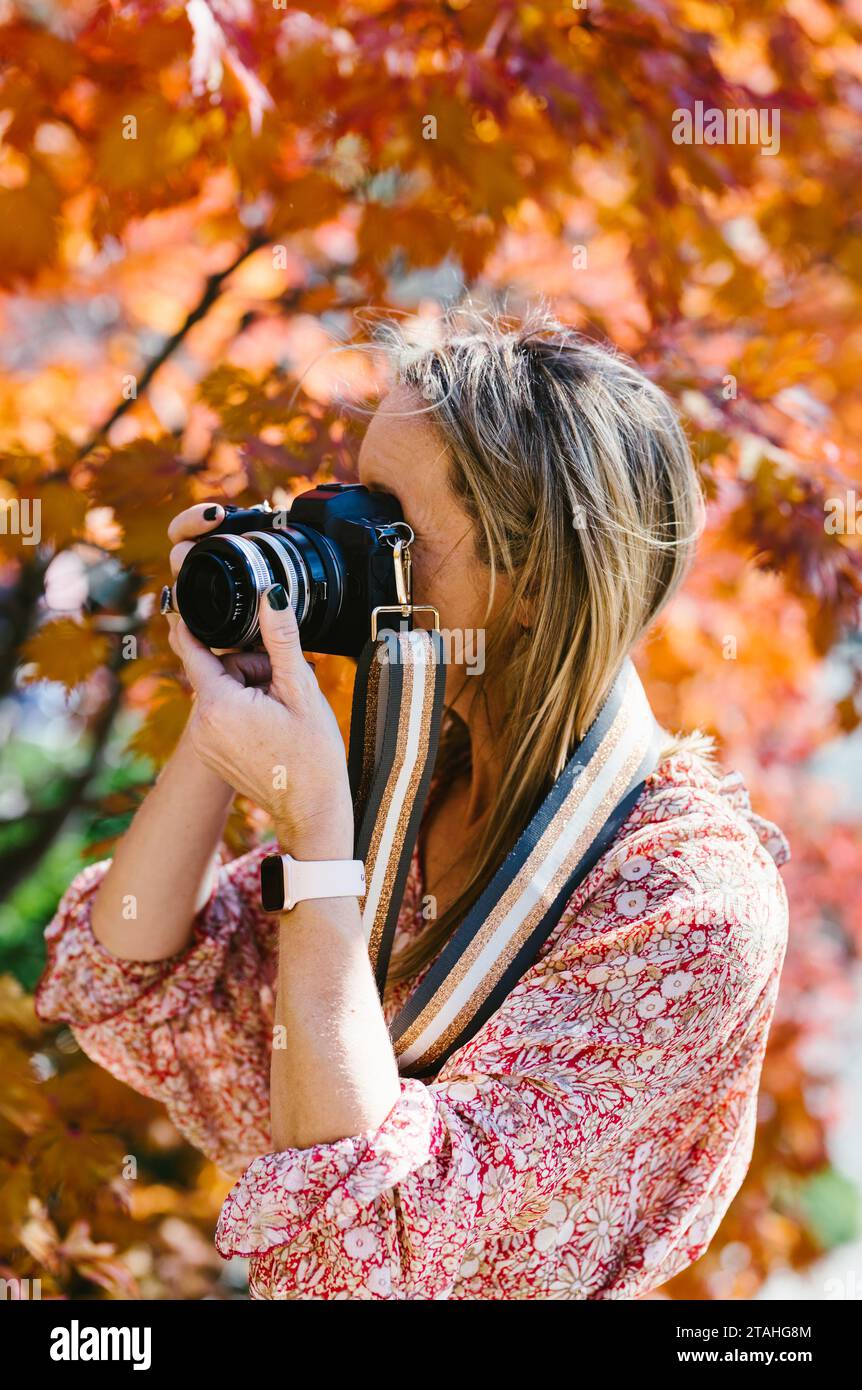 Woman takes pictures of fall foliage with digital SLR camera Stock Photo