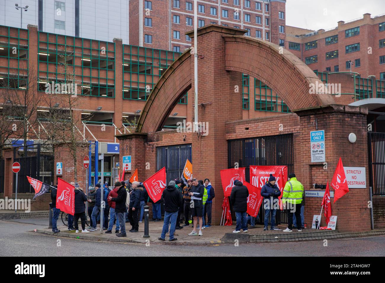 Members of Unite the Union and GMB on a picket line at Translink's