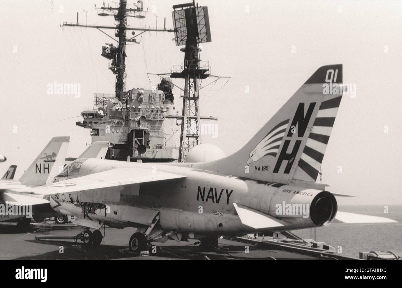 Airplane - Vought A-7E Corsair II attack aircraft of VA 195 is on the deck of the USS America Stock Photo
