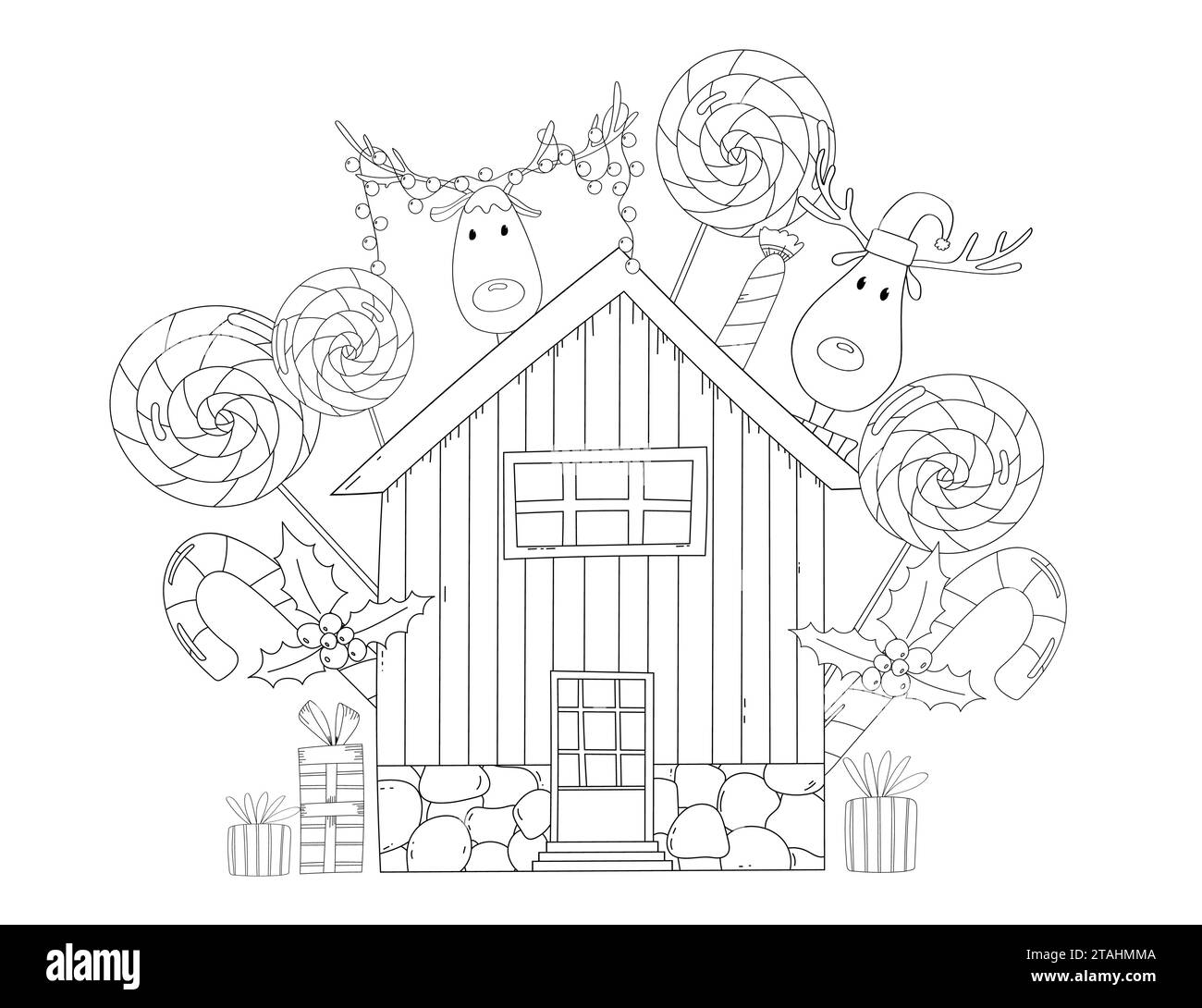 Sweet Little House With Christmas Gifts, Decorations, Candies, And Santa'S Reindeer Is A Festive Illustration For Children To Color Stock Vector